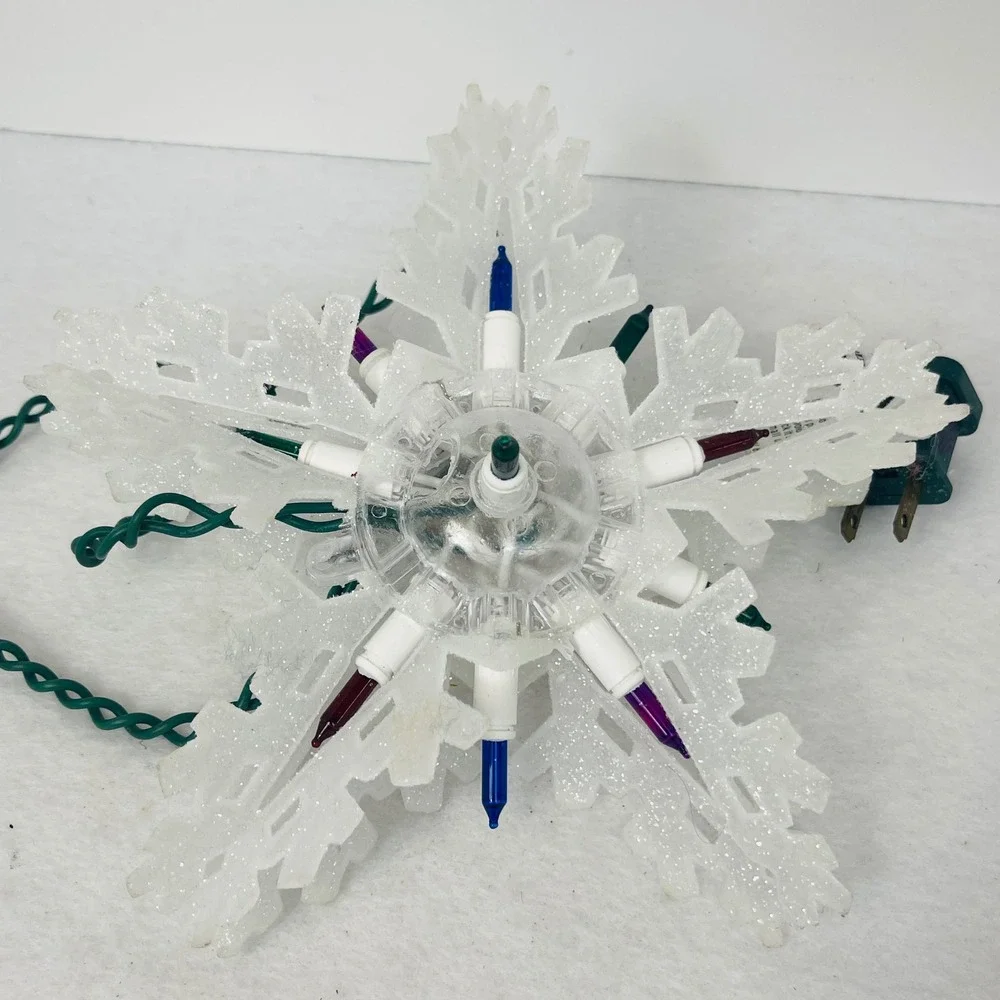 Glittery White Snowflake Christmas Tree Topper Multi-Color Lights 8.5 Inch Star